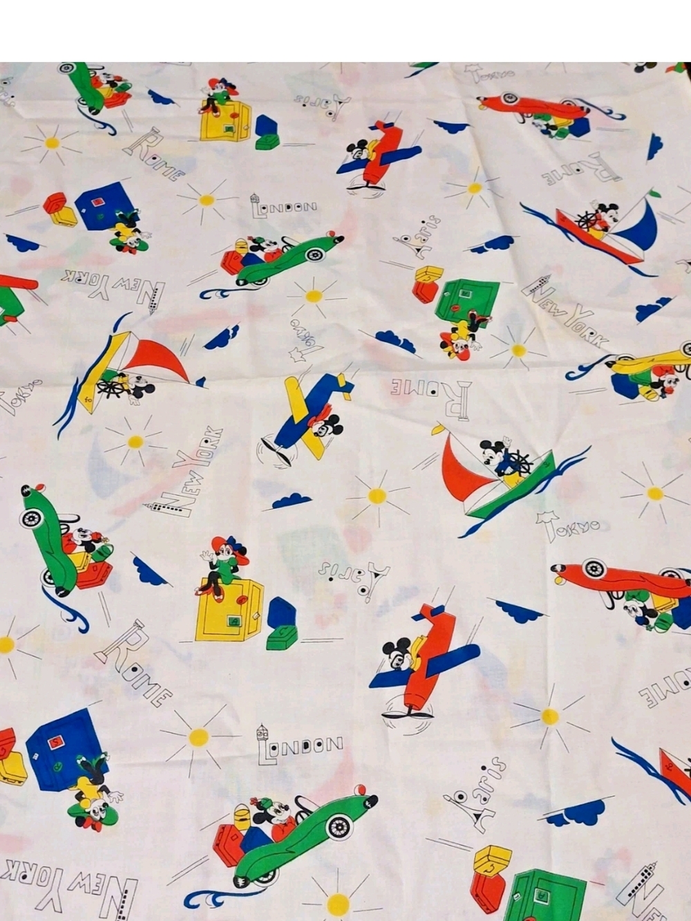 Vintage 60s  Disney Cartoon Travel Print Fabric - Mickey & Minny Mouse  38x44